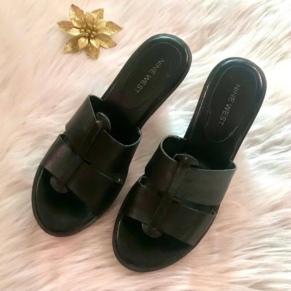 Nine West Y2K Perk Me Up Leather Slide Wedge Black Sandal Size 6.5 - Picture 3 of 7
